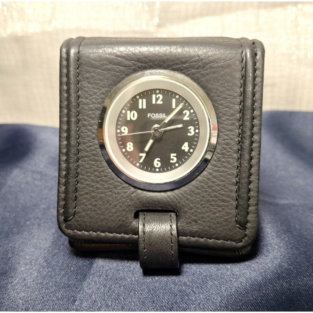 FOSSIL TRAVEL CLOCK BLACK‎  LEATHER CASE  Vintage Folding Retro Working